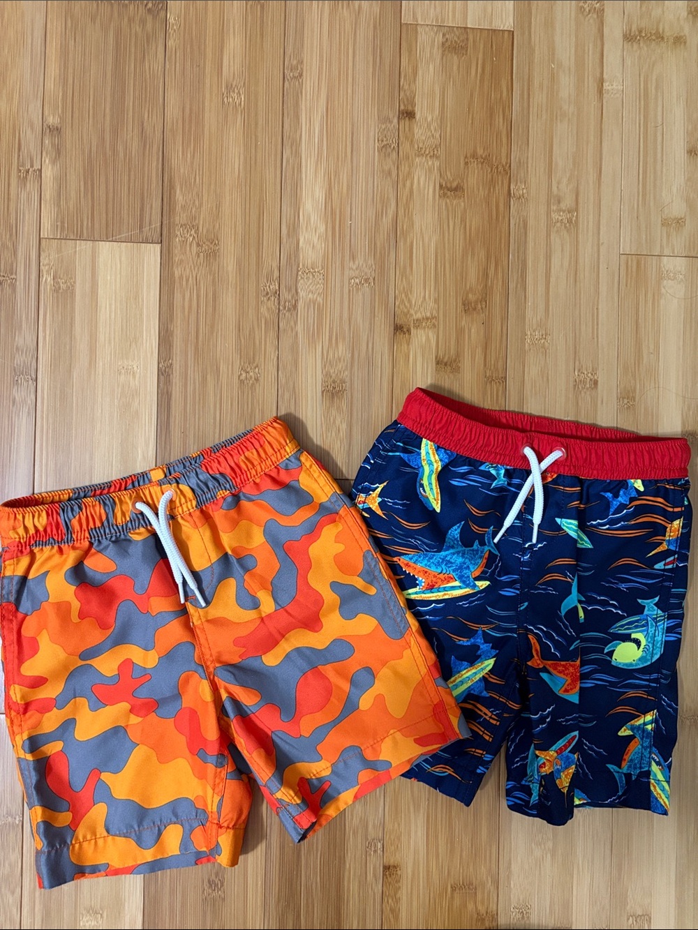 LANDS’ END Set of 2 Kids Orange Camo and Dark Blue Shark Swim Shorts